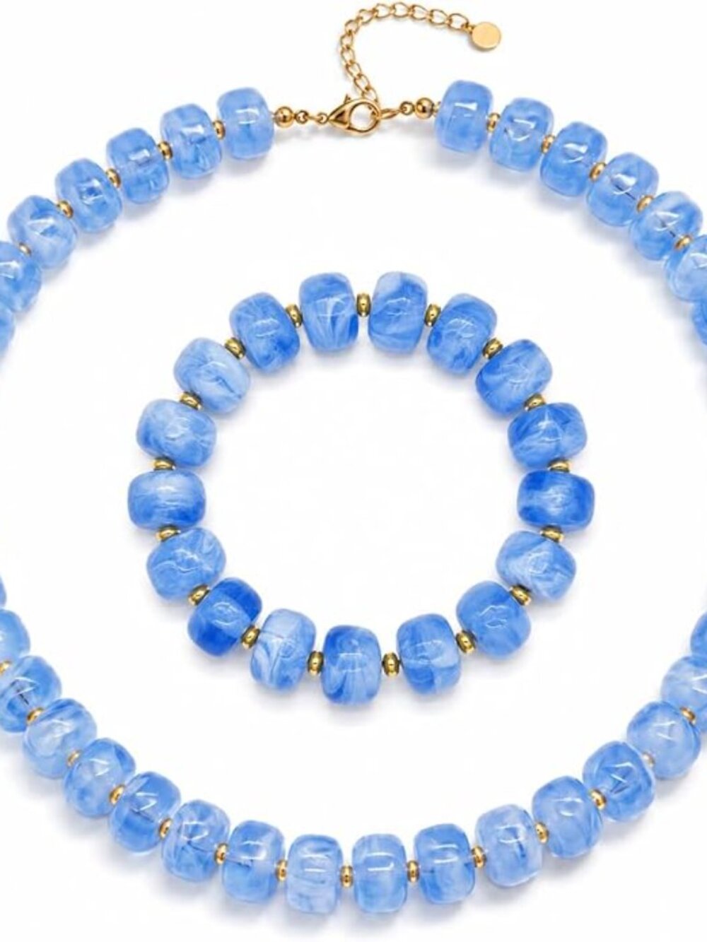 Blue Swirl Glass Bead Necklace and Bracelet Set